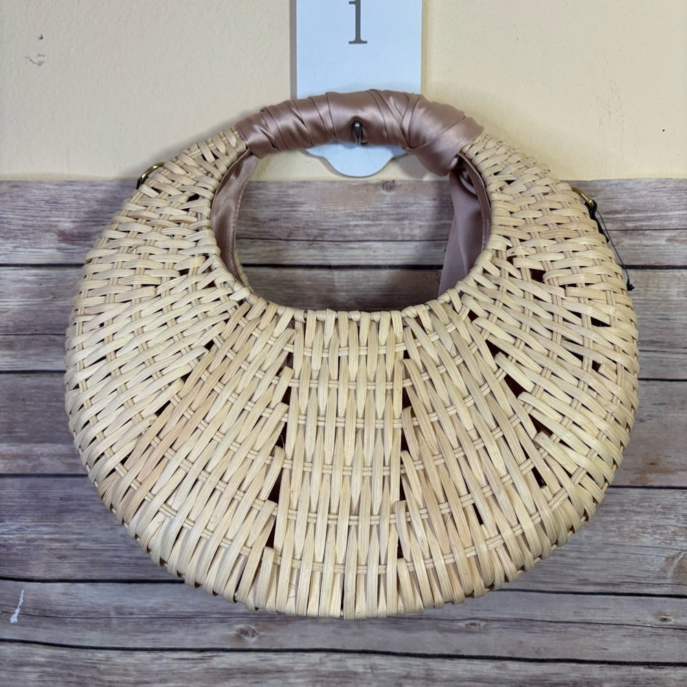 Unique Crescent Straw Basket Handbag Pink Handle Tie